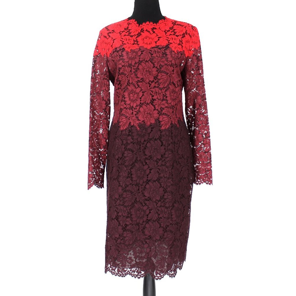 Valentino Colorblock Floral Lace Dress Red Burgundy Raisin Mini Long Sleeve 10